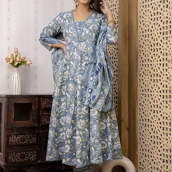 Floral Printed Square Neck Thread Work Anarkali Kurta with Trousers & Dupatta