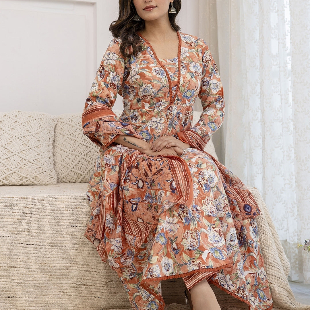 Floral Printed Square Neck Thread Work Anarkali Kurta with Trousers & Dupatta