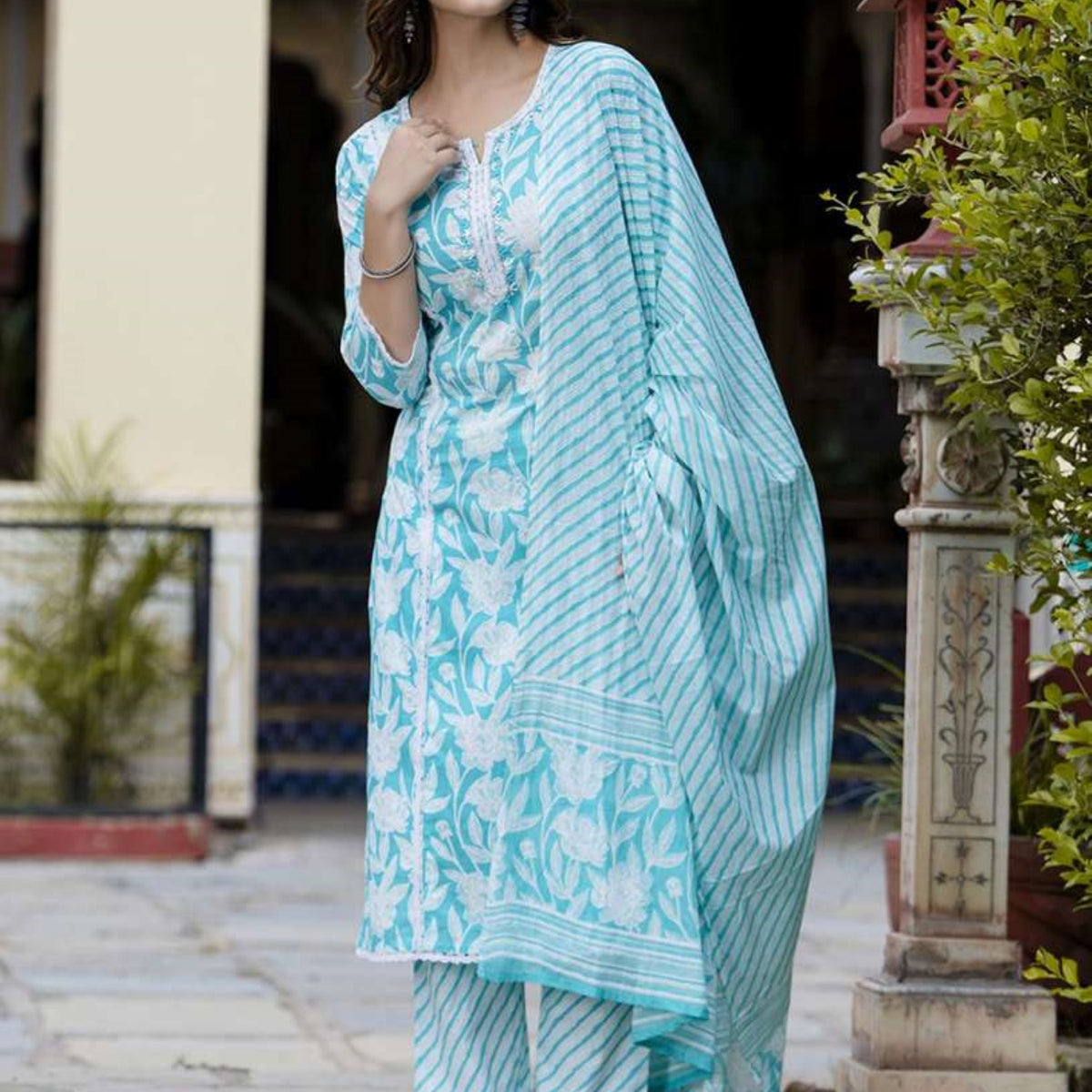 Floral Printed Notch Neck Pure Cotton Kurta With Trousers And Dupatta