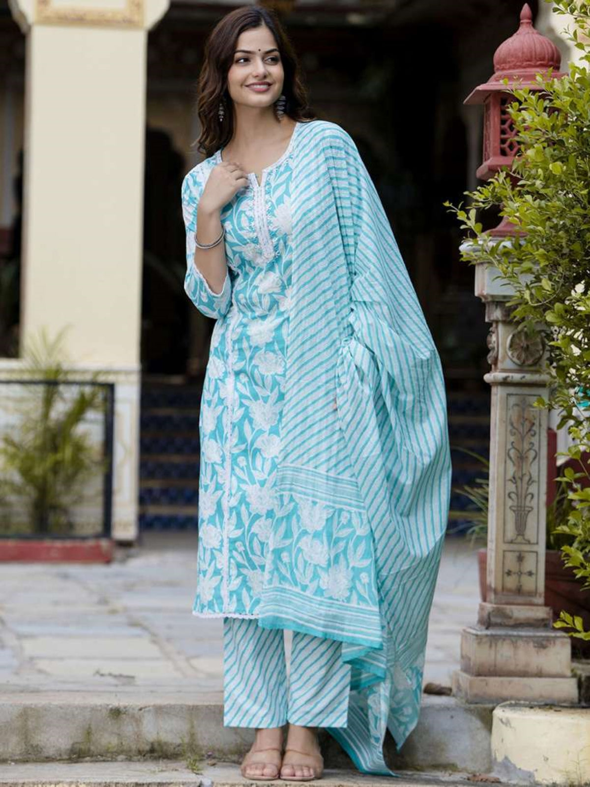 Floral Printed Notch Neck Pure Cotton Kurta With Trousers And Dupatta Blue
