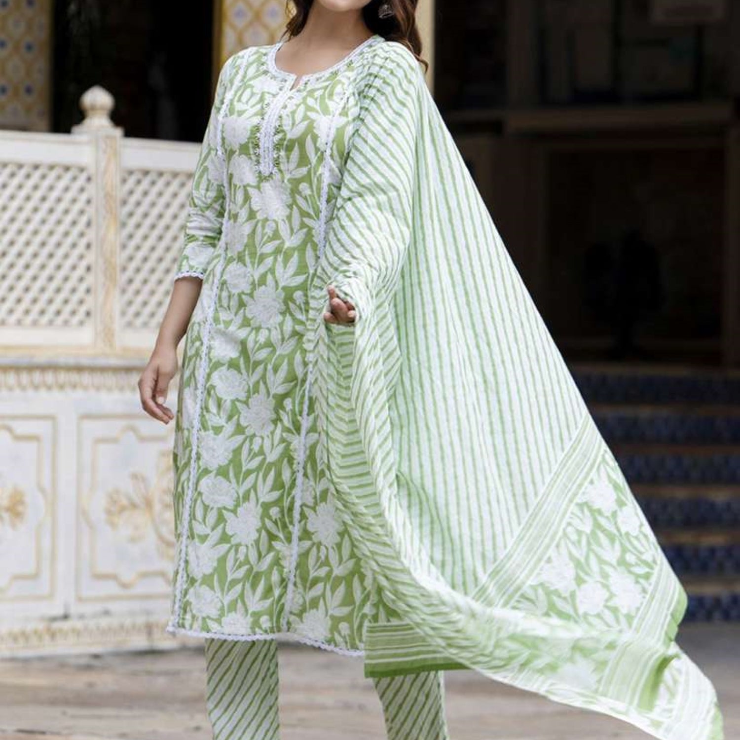 Floral Printed Notch Neck Pure Cotton Kurta With Trousers And Dupatta