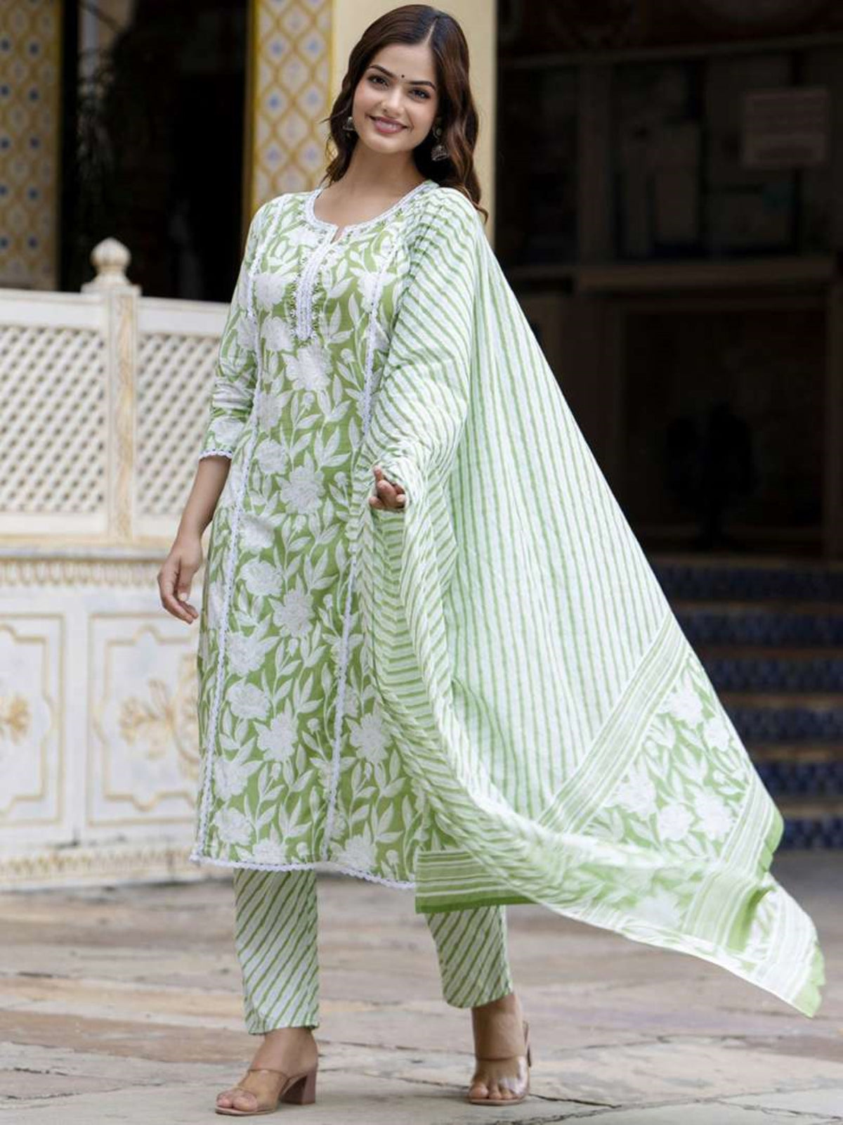 Floral Printed Notch Neck Pure Cotton Kurta With Trousers And Dupatta Green