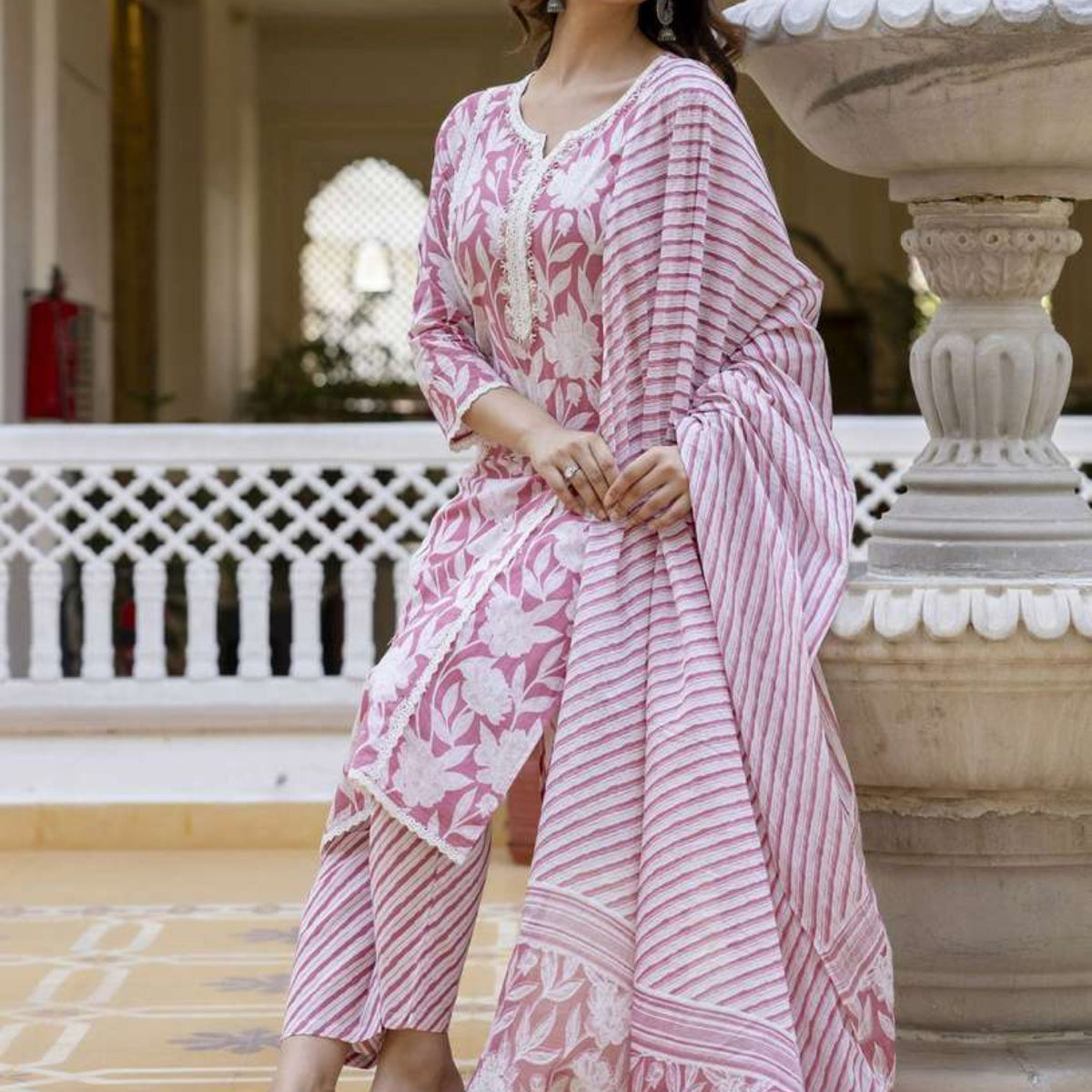Floral Printed Notch Neck Pure Cotton Kurta With Trousers And Dupatta