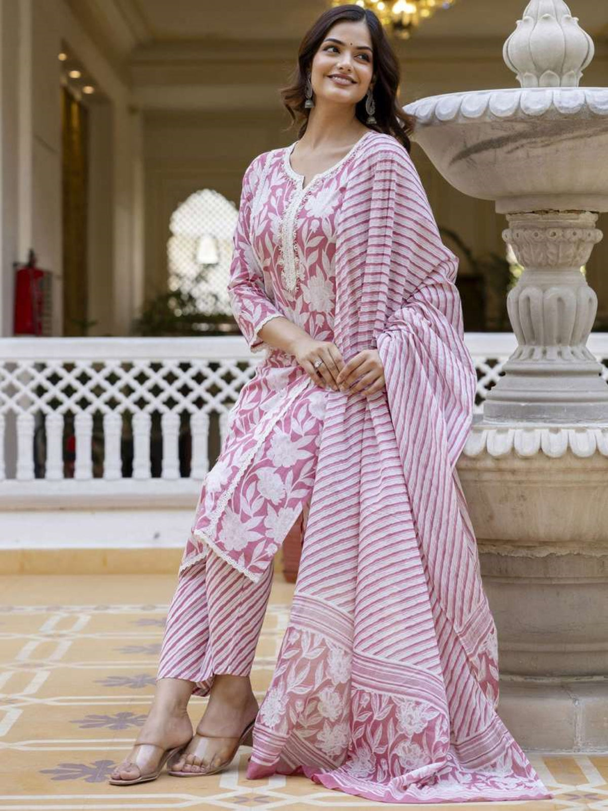 Floral Printed Notch Neck Pure Cotton Kurta With Trousers And Dupatta Pink
