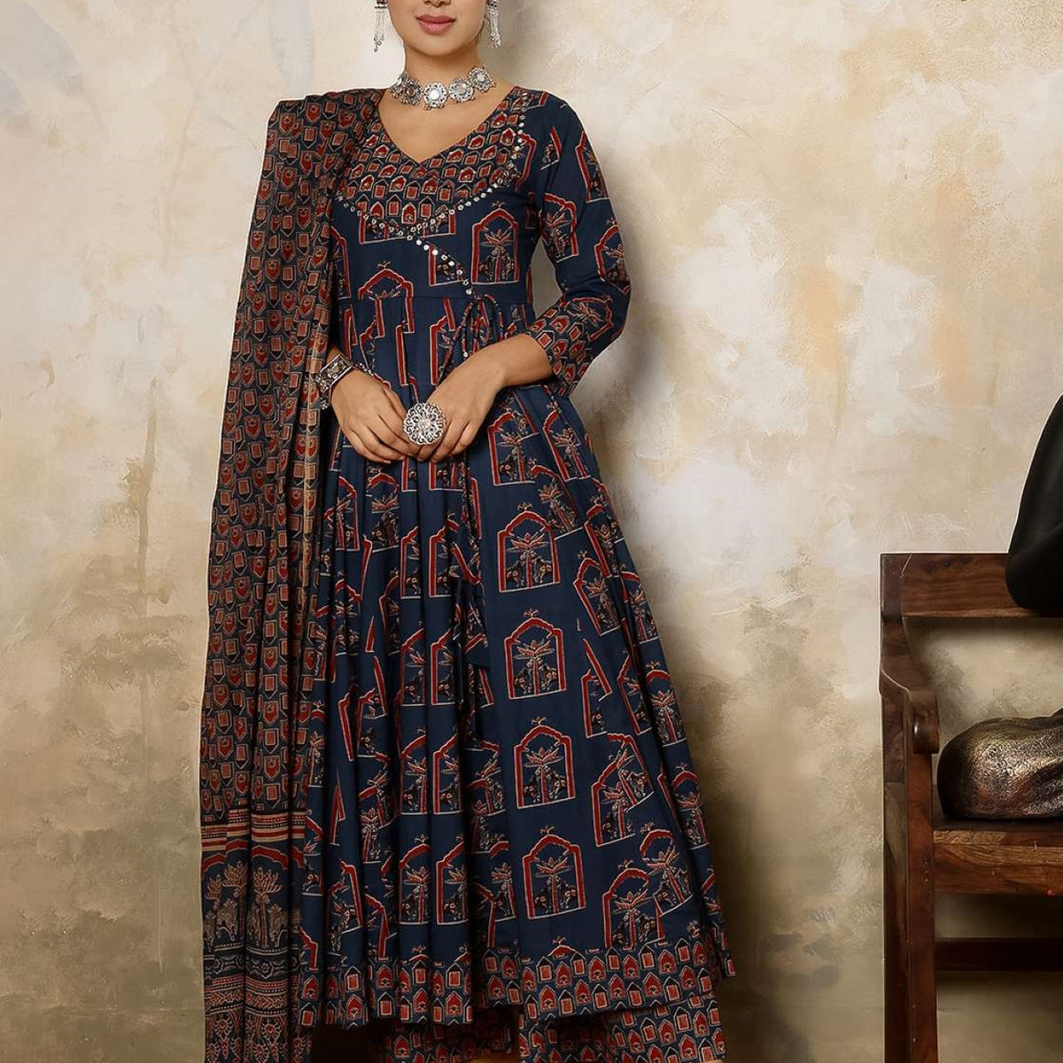 Ethnic Motifs Printed Mirror Work Pure Cotton Kurta With Trousers With Dupatta