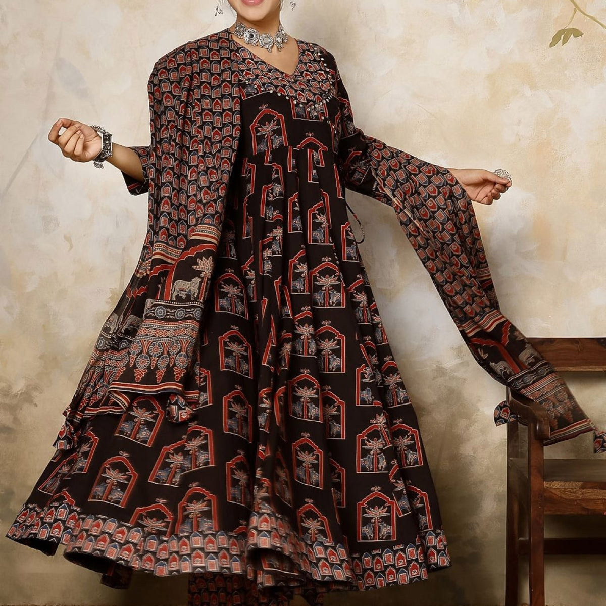 Ethnic Motifs Printed Mirror Work Pure Cotton Kurta With Trousers With Dupatta