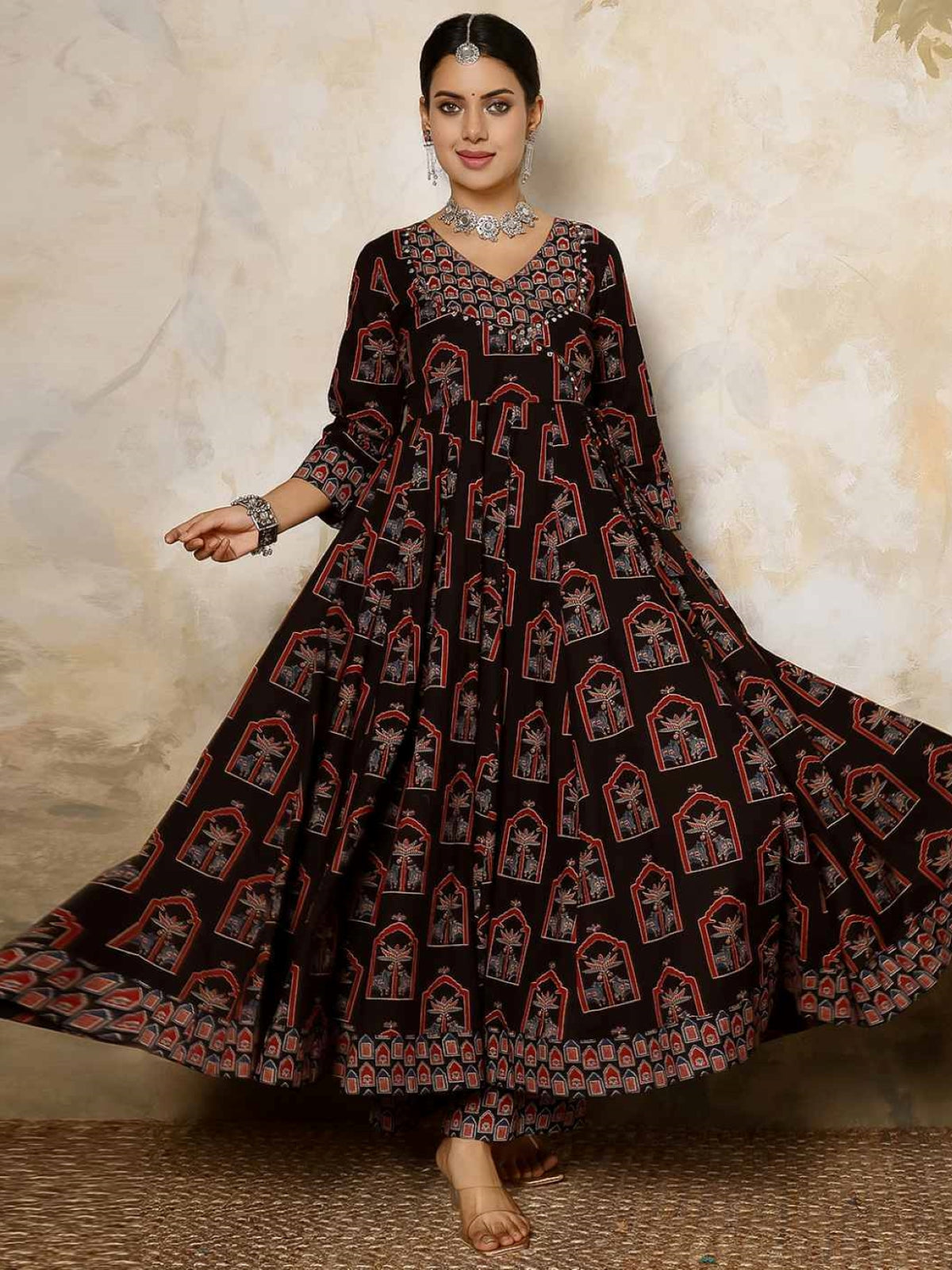 Ethnic Motifs Printed Mirror Work Pure Cotton Kurta With Trousers With Dupatta
