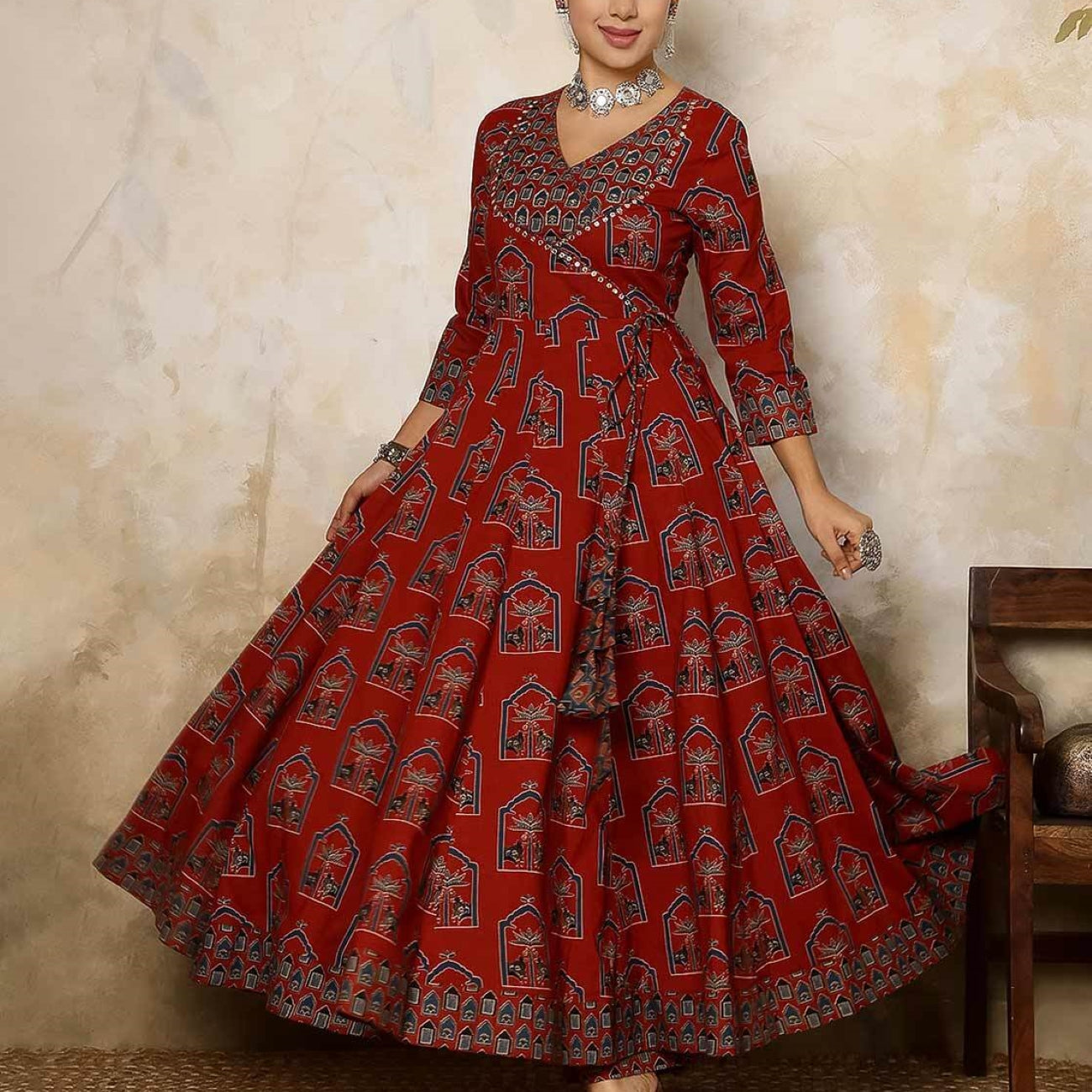 Ethnic Motifs Printed Mirror Work Pure Cotton Kurta With Trousers With Dupatta