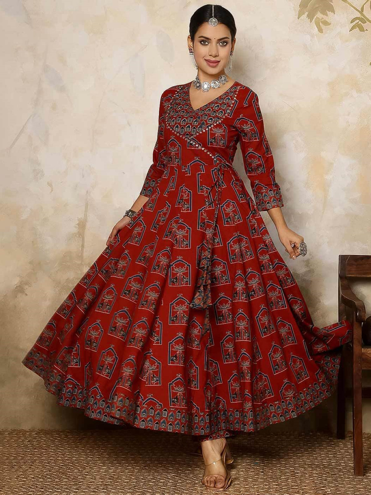 Ethnic Motifs Printed Mirror Work Pure Cotton Kurta With Trousers With Dupatta