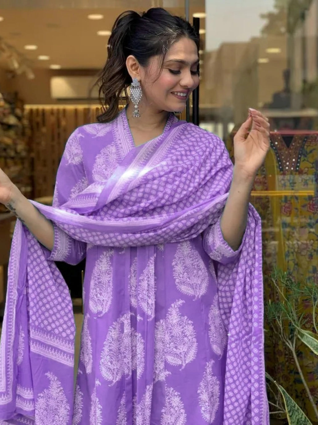 Women's Rayon Blend Anarkali Printed Kurta with Pant & Dupatta