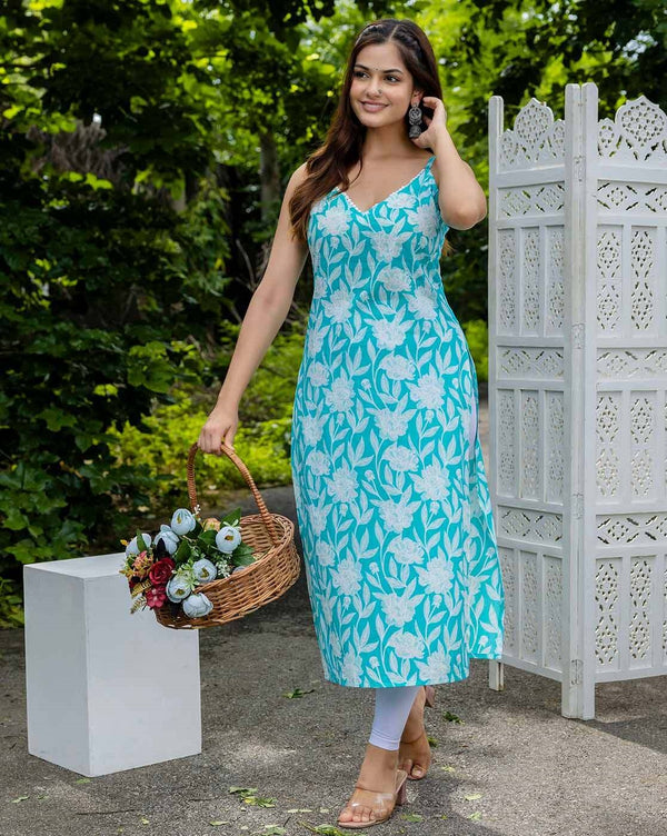 Floral Printed V-Neck Shoulder Straps Pure Cotton Straight Kurta