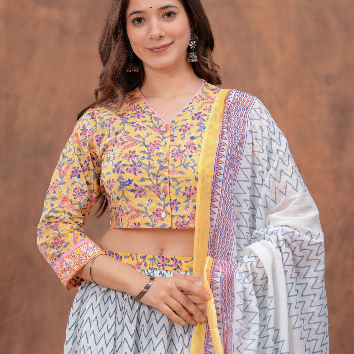 Floral Printed Block Print Pure Cotton Ready to Wear Lehenga With Blouse & Dupatta