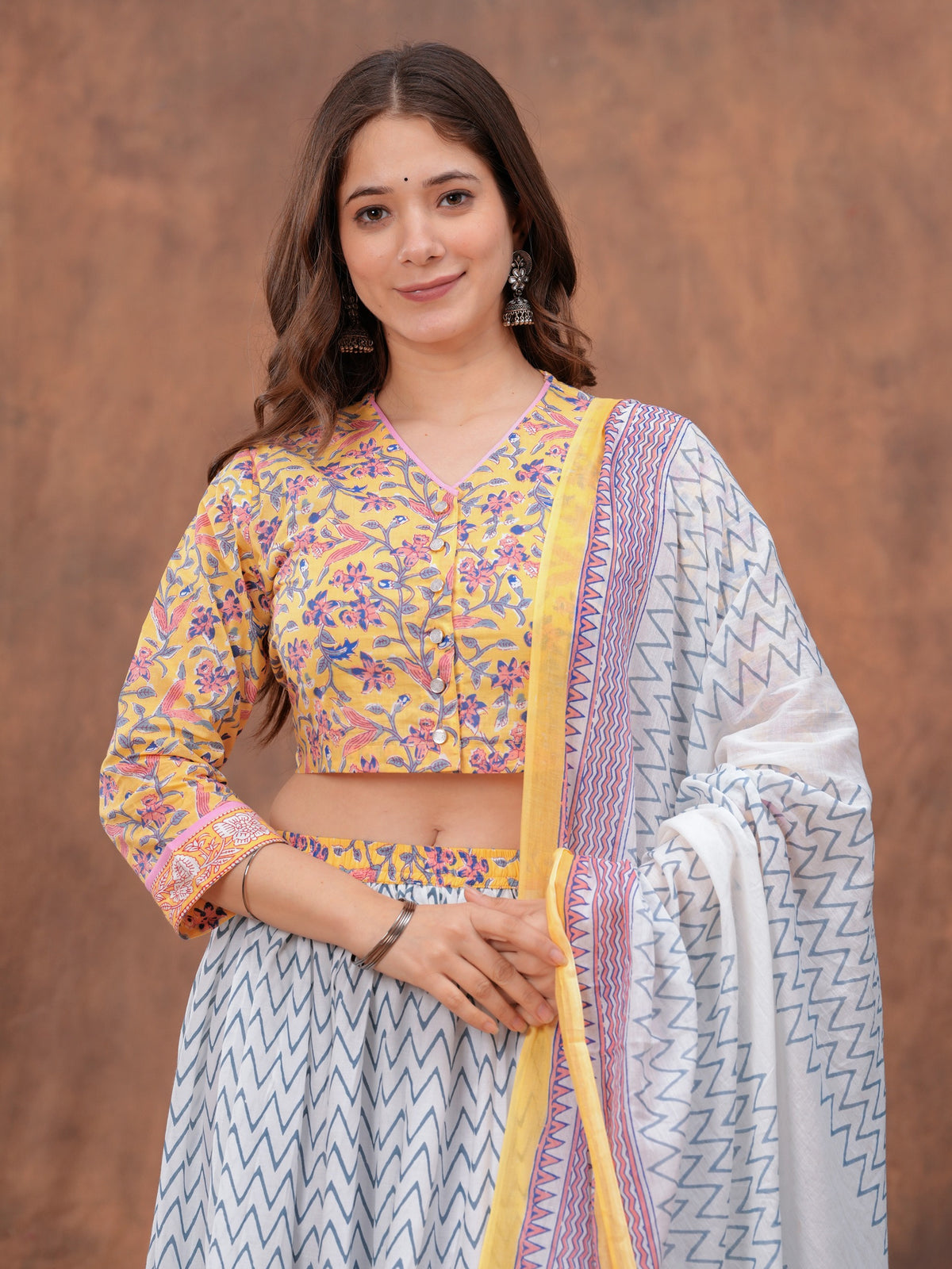Floral Printed Block Print Pure Cotton Ready to Wear Lehenga With Blouse & Dupatta