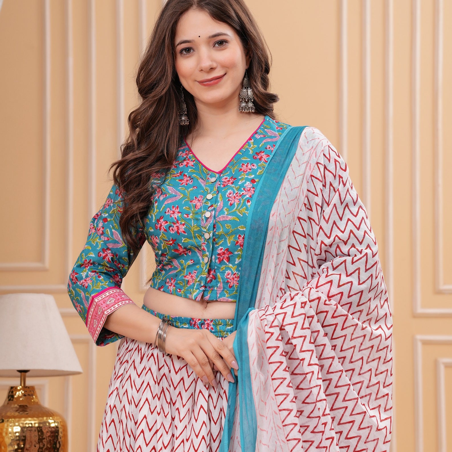 Floral Printed Block Print Pure Cotton Ready to Wear Lehenga With Blouse & Dupatta