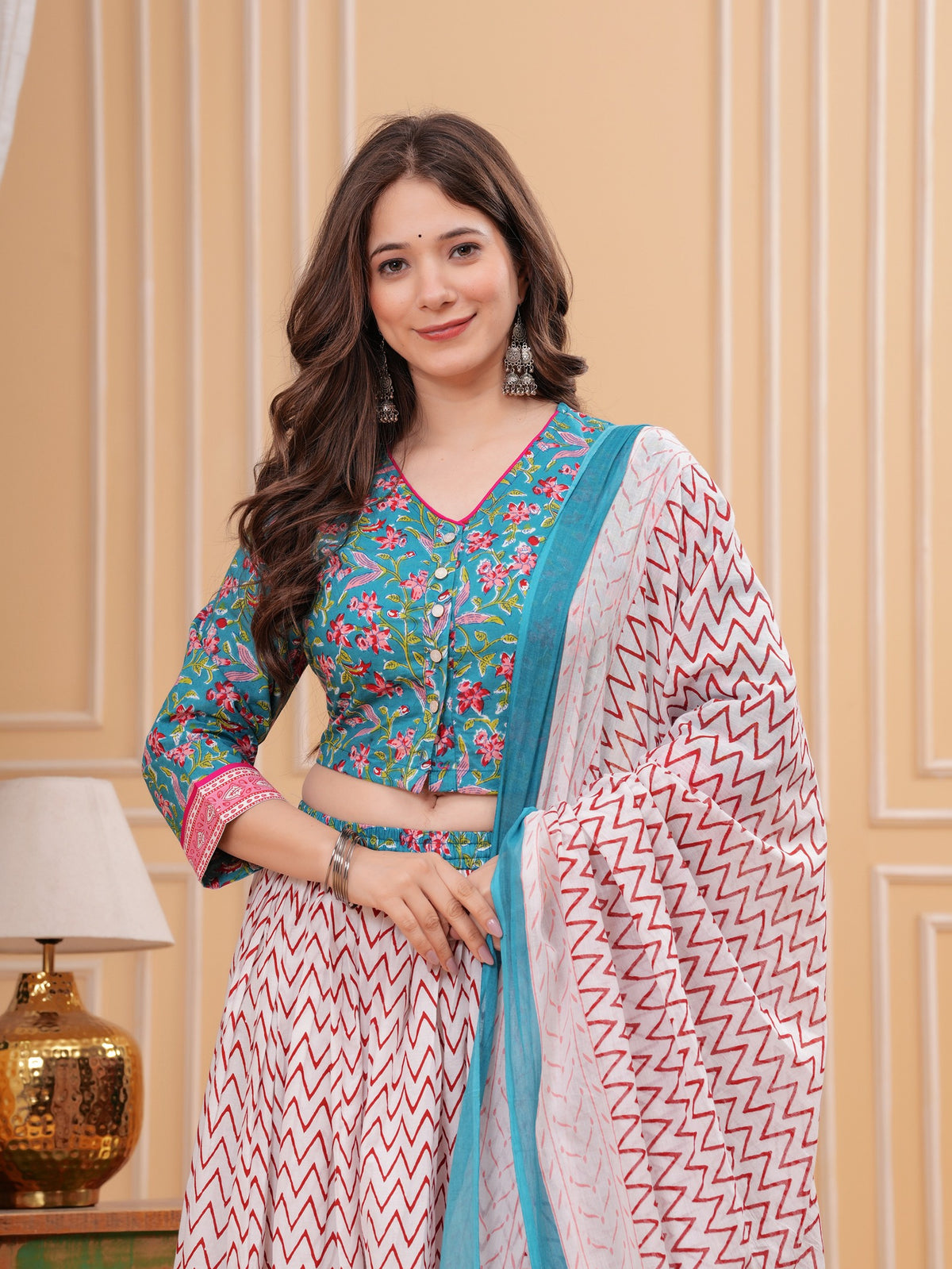 Floral Printed Block Print Pure Cotton Ready to Wear Lehenga With Blouse & Dupatta