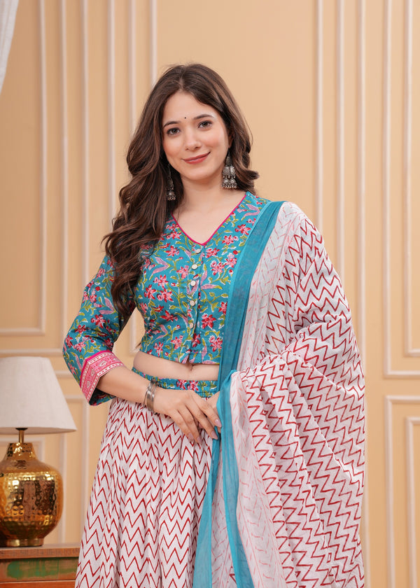 Floral Printed Block Print Pure Cotton Ready to Wear Lehenga With Blouse & Dupatta