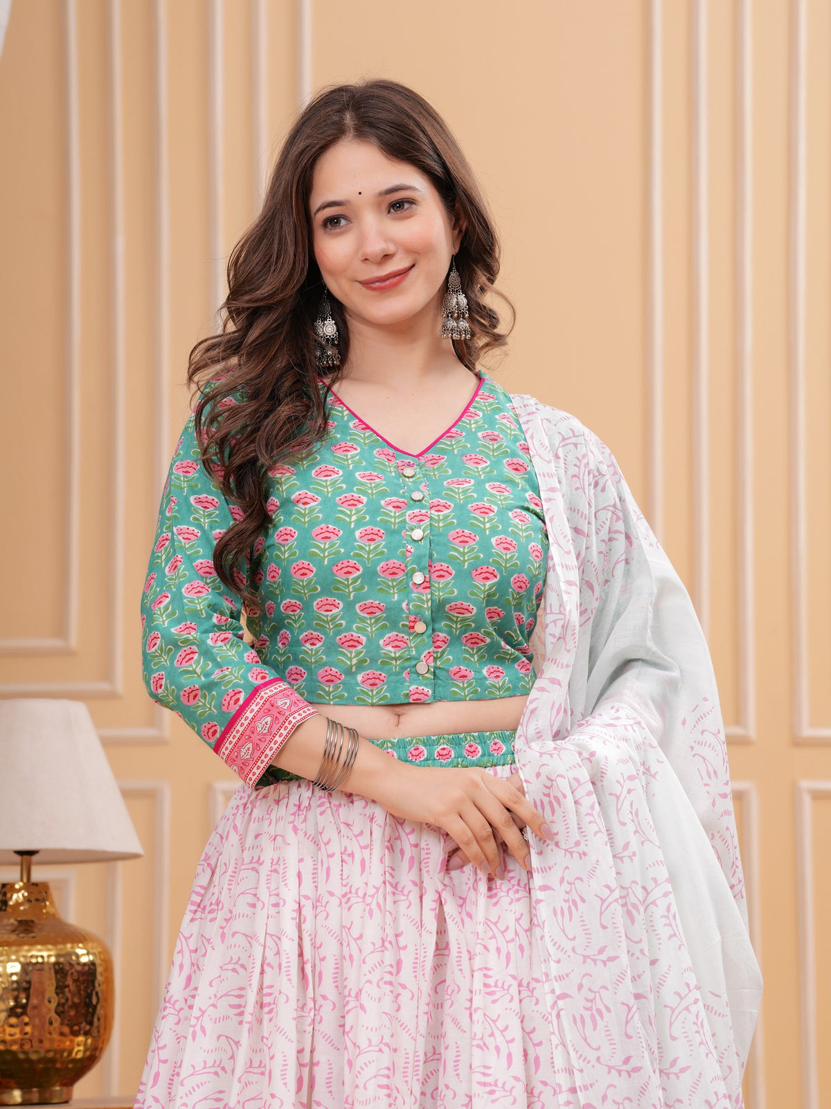 Floral Printed Block Print Pure Cotton Ready to Wear Lehenga With Blouse & Dupatta