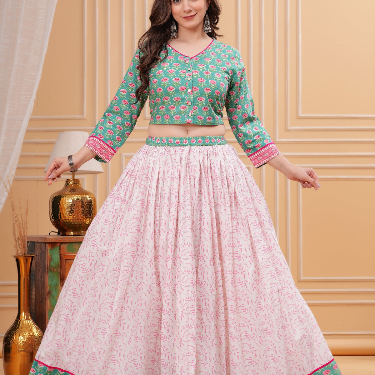 Floral Printed Block Print Pure Cotton Ready to Wear Lehenga With Blouse & Dupatta