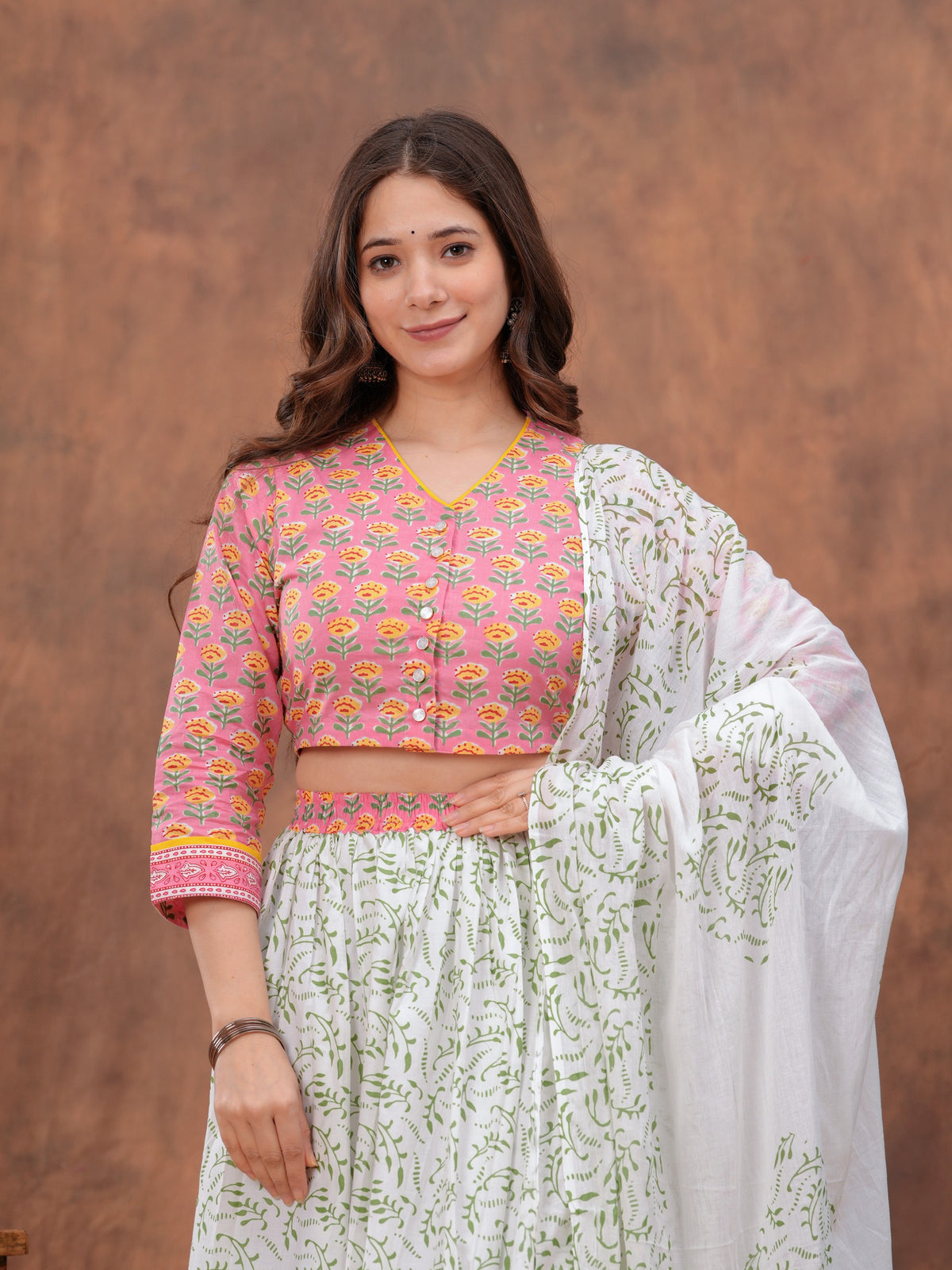 Floral Printed Block Print Pure Cotton Ready to Wear Lehenga With Blouse & Dupatta