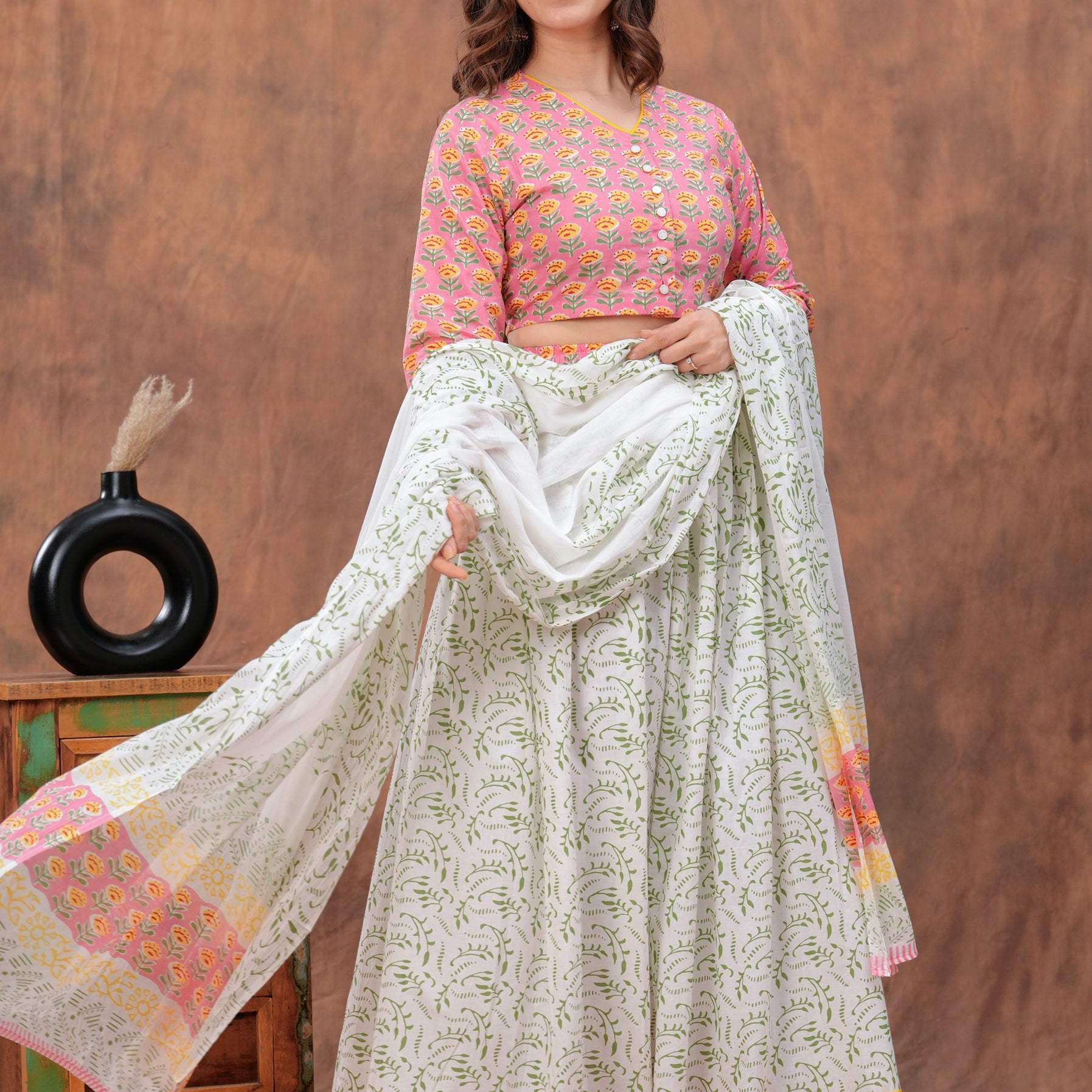 Floral Printed Block Print Pure Cotton Ready to Wear Lehenga With Blouse & Dupatta