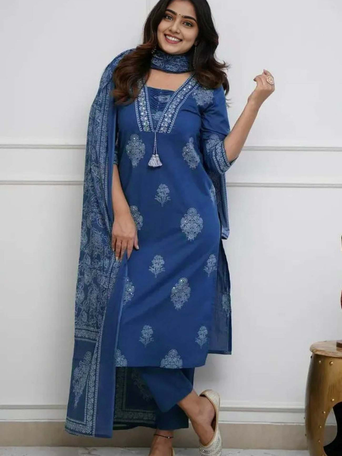 Women's Pure Cotton Printed with Handwork Kurta with Pants and Dupatta Set
