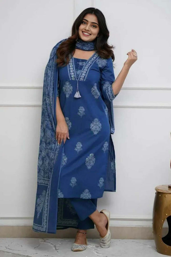 Women's Pure Cotton Printed with Handwork Kurta with Pants and Dupatta Set
