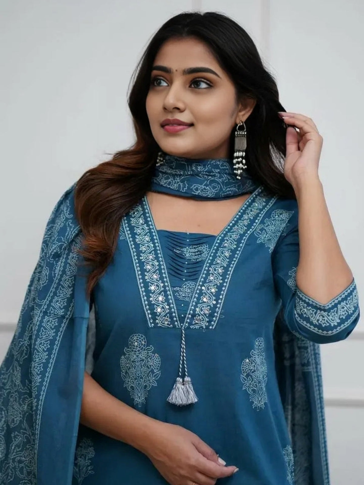 Women's Pure Cotton Printed with Handwork Kurta with Pants and Dupatta Set