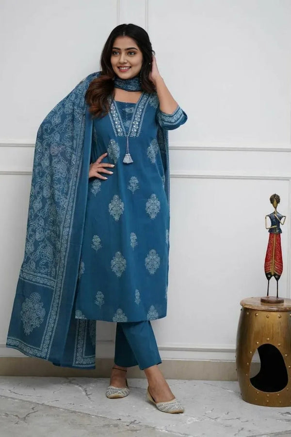 Women's Pure Cotton Printed with Handwork Kurta with Pants and Dupatta Set