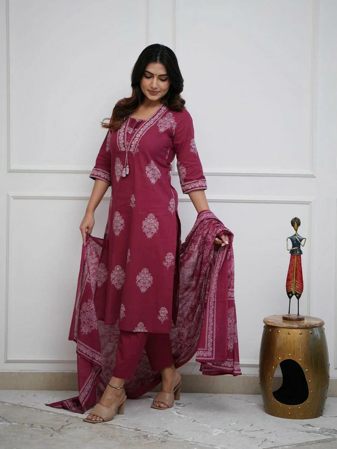 Women's Pure Cotton Printed with Handwork Kurta with Pants and Dupatta Set