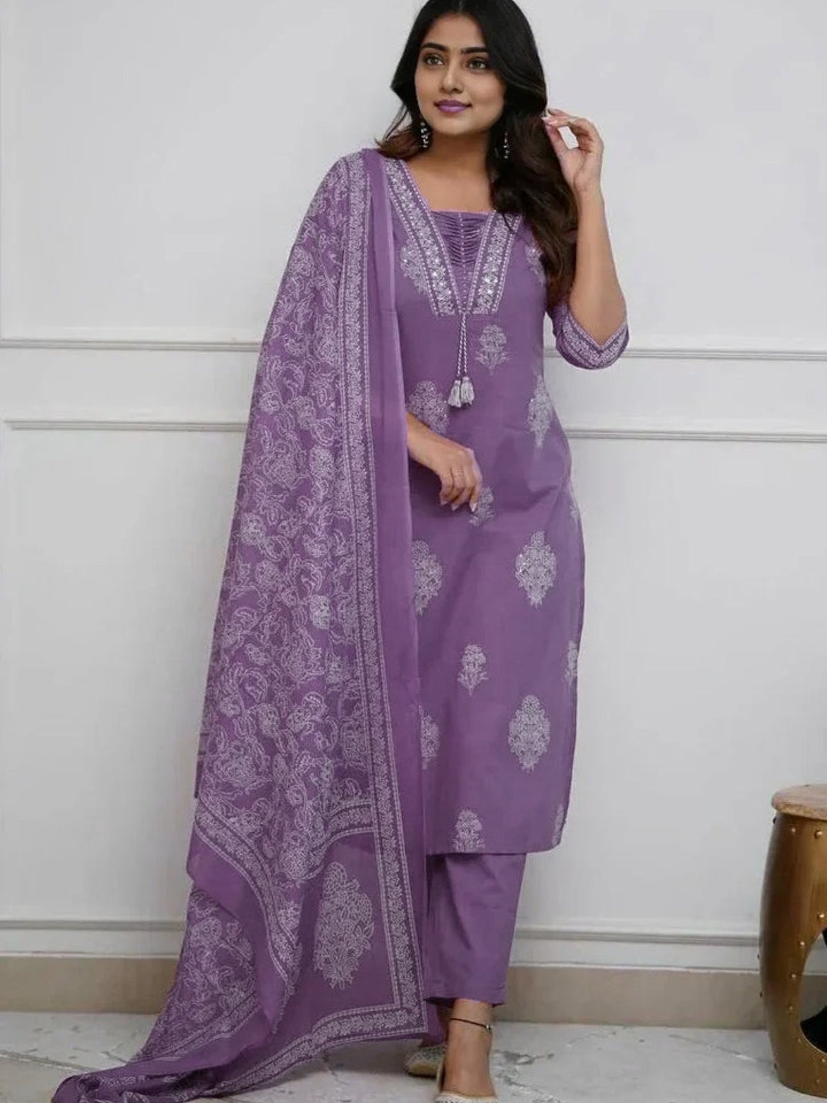 Women's Pure Cotton Printed with Handwork Kurta with Pants and Dupatta Set