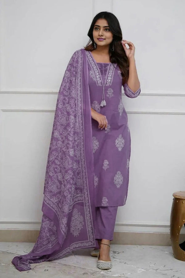 Women's Pure Cotton Printed with Handwork Kurta with Pants and Dupatta Set
