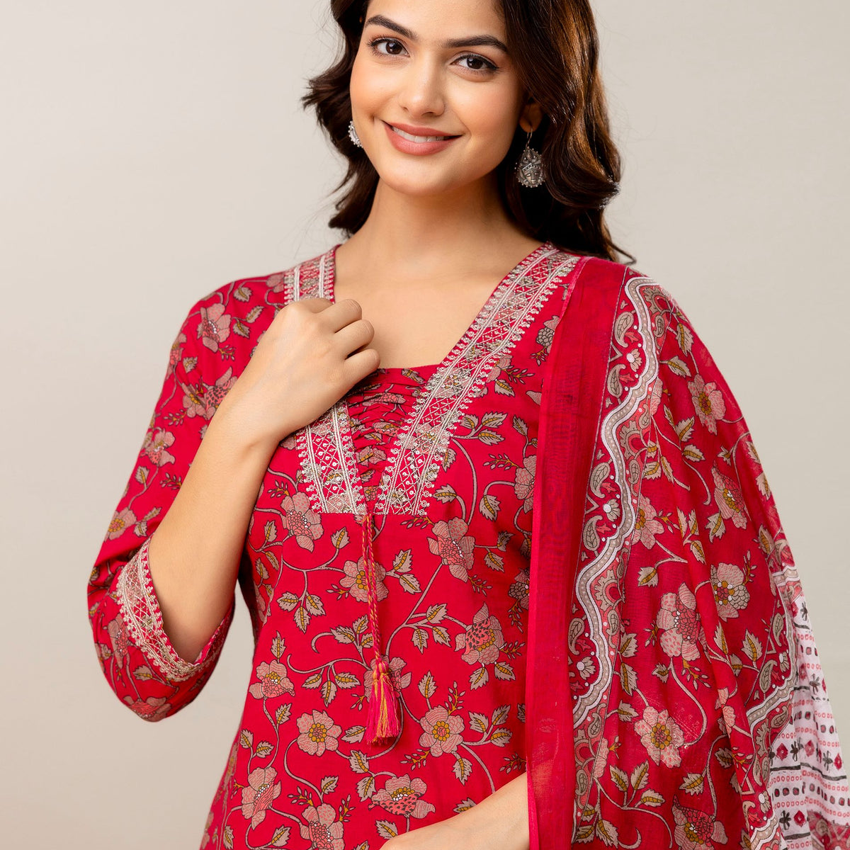 Floral Printed Sequunied V-Neck Pure Cotton Straight Kurta With Trousers & Dupatta
