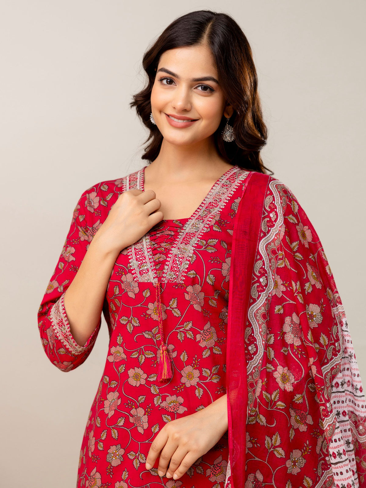 Floral Printed Sequunied V-Neck Pure Cotton Straight Kurta With Trousers & Dupatta