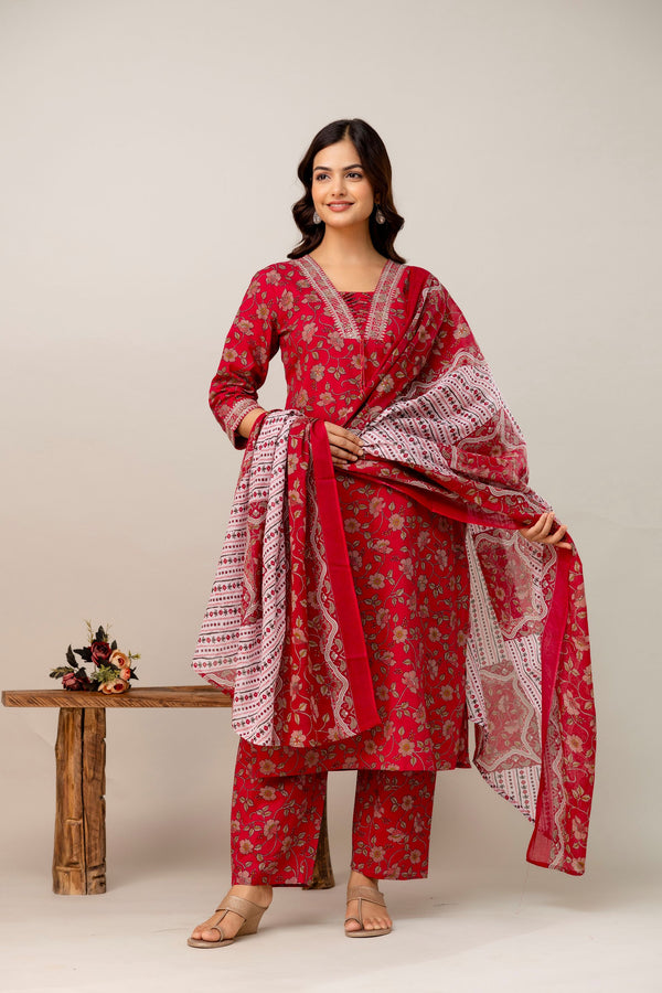 Floral Printed Sequunied V-Neck Pure Cotton Straight Kurta With Trousers & Dupatta
