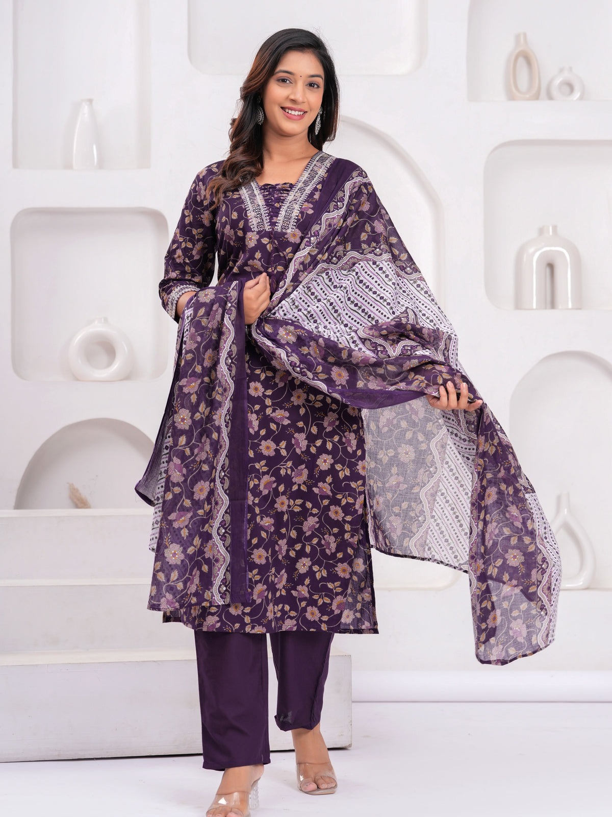 Floral Printed Sequunied V-Neck Pure Cotton Straight Kurta With Trousers & Dupatta