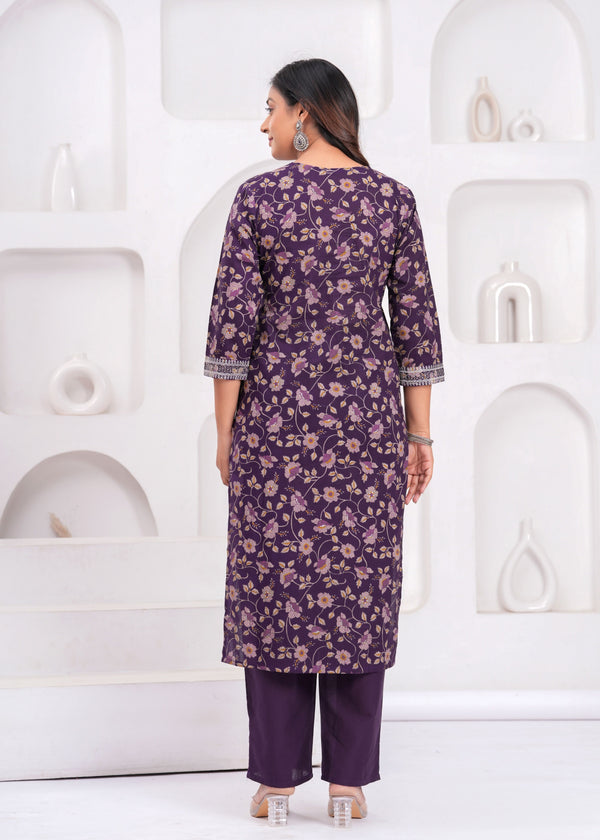 Floral Printed Sequunied V-Neck Pure Cotton Straight Kurta With Trousers & Dupatta