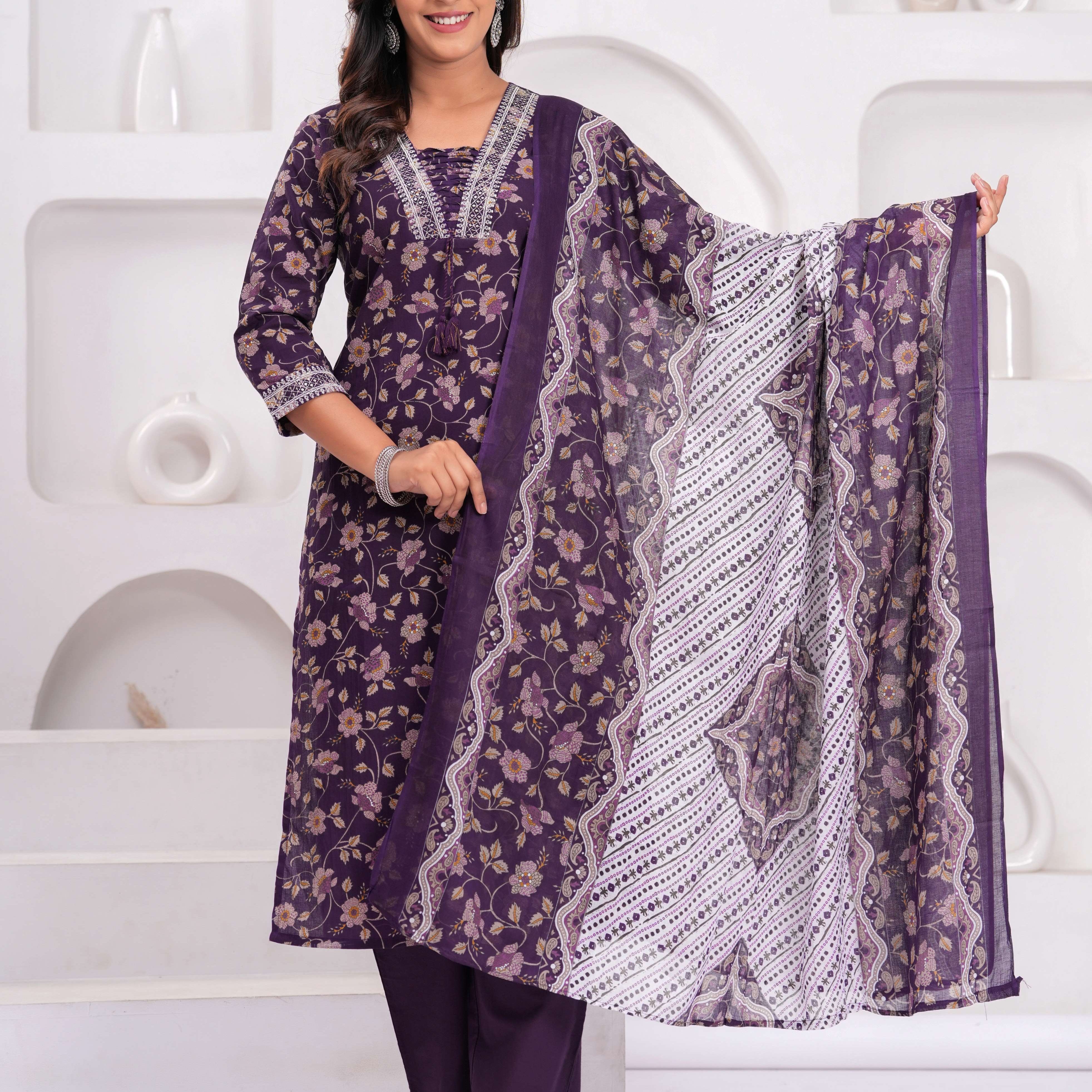 Floral Printed Sequunied V-Neck Pure Cotton Straight Kurta With Trousers & Dupatta