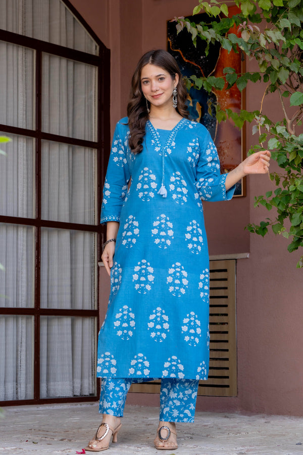 Women's Pure Cotton Printed Straight Kurta Set with Palazzo Pants & Dupatta