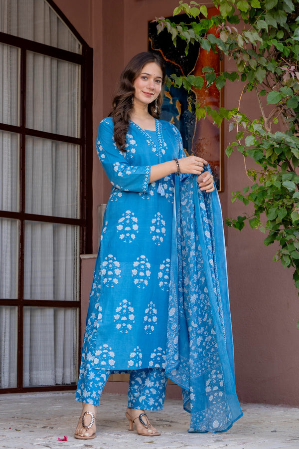 Women's Pure Cotton Printed Straight Kurta Set with Palazzo Pants & Dupatta