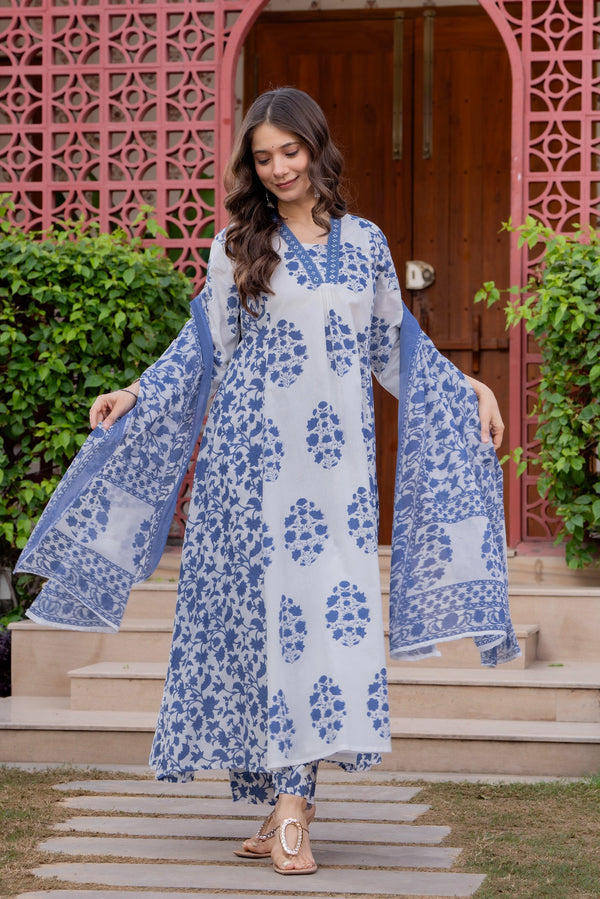 Floral Printed V-Neck Pure Cotton Anarkali Kurta With Trousers & Dupatta