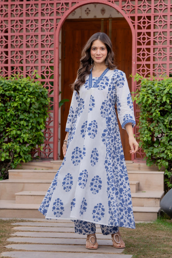 Women's Cotton Block Print Anarkali Kurta Set with Palazzo & Dupatta