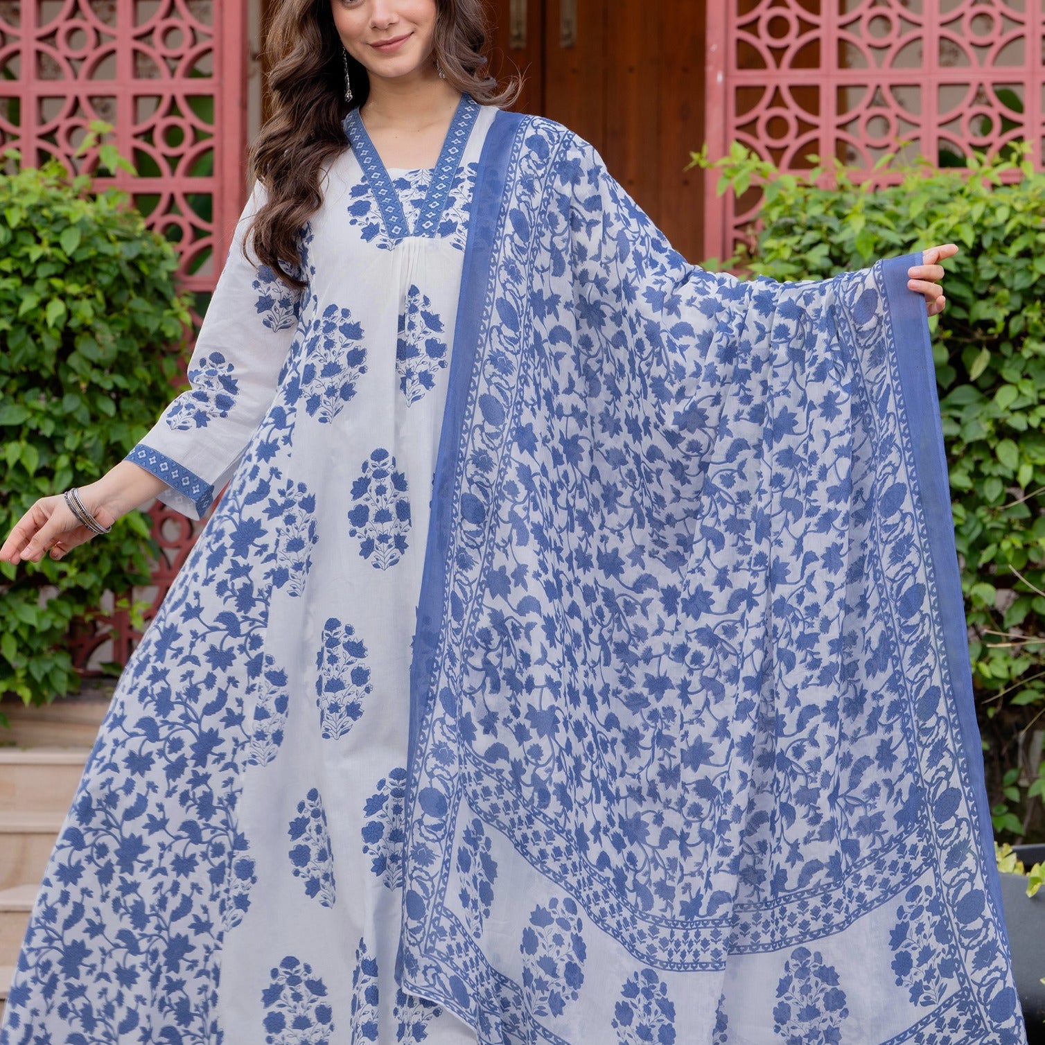 Floral Printed V-Neck Pure Cotton Anarkali Kurta With Trousers & Dupatta