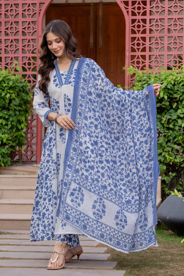 Women's Cotton Block Print Anarkali Kurta Set with Palazzo & Dupatta