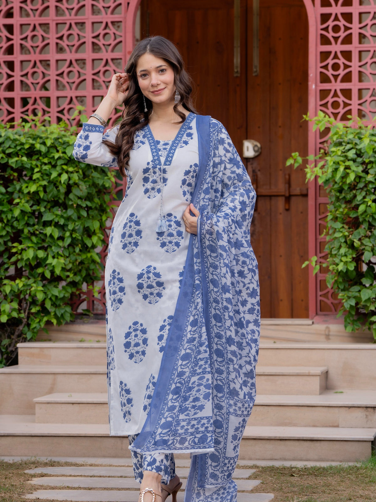 Women's Pure Cotton Printed Straight Kurta Set with Palazzo Pants & Dupatta
