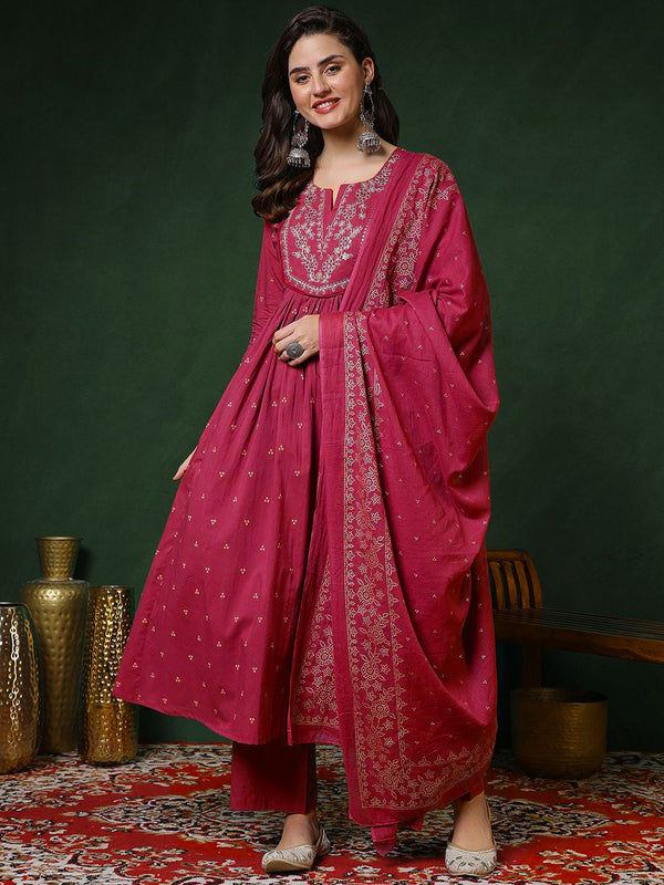 Women’s 100% Pure Cotton Anarkali Kurta Set with Pant & Dupatta