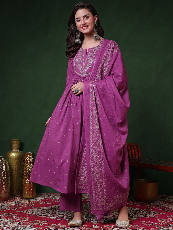 Women’s 100% Pure Cotton Anarkali Kurta Set with Pant & Dupatta