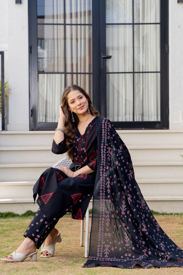 Gekha Women's Pure Cotton Printed Straight Kurta Set with Palazzo Pants & Dupatta- Ethnic Wear