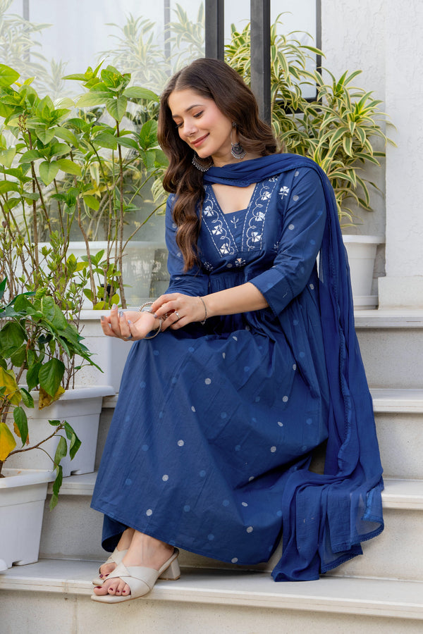 Gekha Women's Pure Cotton Printed Flared Kurta With Embroidered Palazzo Pants & Dupatta Set- Ethnic Wear