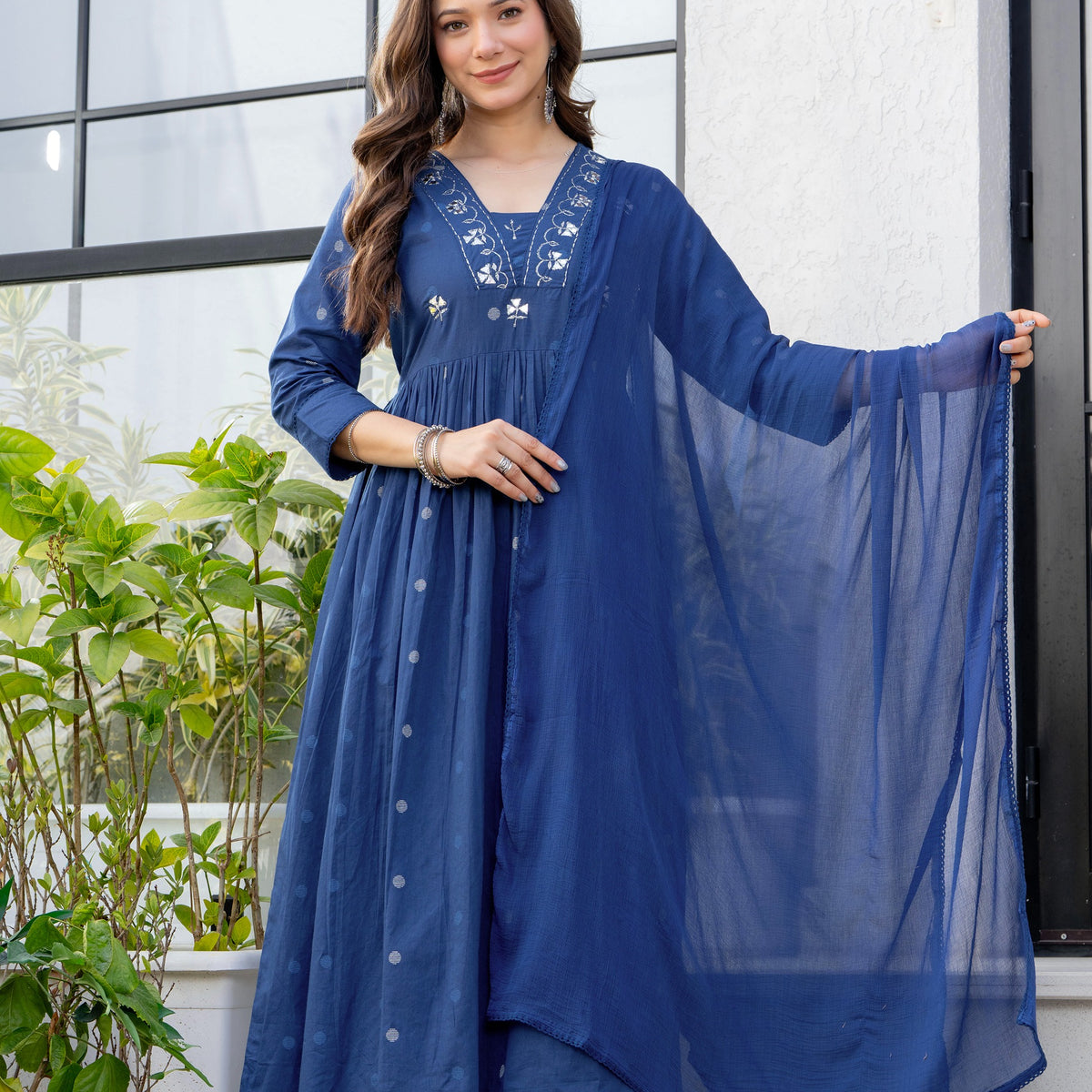 Gekha Women's Pure Cotton Printed Flared Kurta With Embroidered Palazzo Pants & Dupatta Set- Ethnic Wear