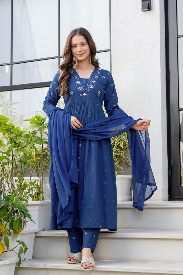 Gekha Women's Pure Cotton Printed Flared Kurta With Embroidered Palazzo Pants & Dupatta Set- Ethnic Wear